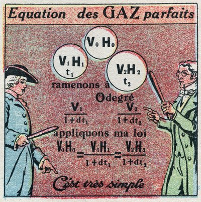 Temperatur og ekspansion: perfekt gasligning opnået gennem Louis-Joseph Gay-Lussacs lov (Louis Joseph Gay Lussac) (1778-1850) og Edme Mariottes lov (ca. 1620-1684). Anonym illustration fra 1925. Privat samling. af Anonymous Anonymous