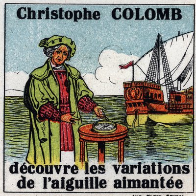 Jordmagnetisme: Christopher Columbus (1451-1506) opdager variationerne af den magnetiske nål på en kompas under sin rejse til Amerika i 1492. Anonym illustration fra 1925. Privat samling. af Anonymous Anonymous
