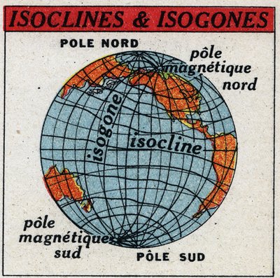 Terrestrisk magnetisme: Magnetisk kort, der viser isokliner og isogoner. Anonym illustration fra 1925. Privat samling. af Anonymous Anonymous