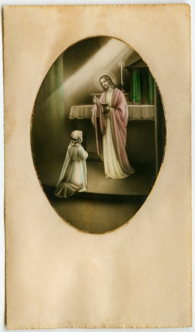 Eukaristien, nadveren, alterets sakramente: et barn foran Jesus (gravering) af Anonymous Anonymous
