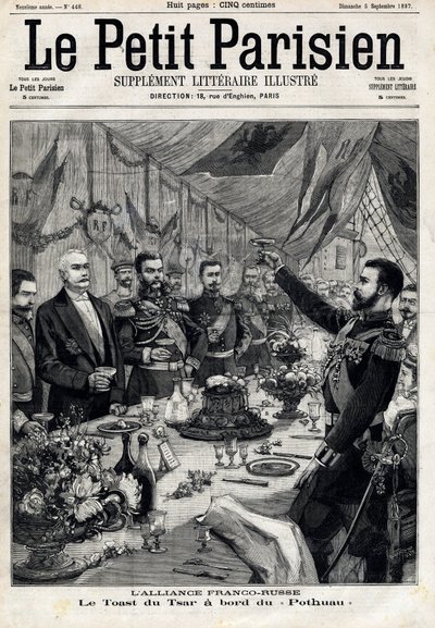 Den fransk-russiske alliance: skålen for zar Nicholas II (1868-1918) til ære for den franske præsident Felix Faure (1841-1899) ombord på Pothau. I "" Le Petit Parisien"" den 5/09/1897. Privat samling af Anonymous Anonymous