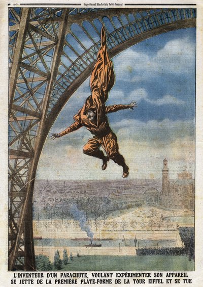 Den franske skrædder af østrigsk oprindelse Franz (eller Francois) Reichelt (1879-1912) opfinder af en faldskærm, der vil eksperimentere med sit fly, kaster sig ud fra Eiffeltårnets første platform og dræber sig selv. Indgravering i "" Le Petité Journal"", af Anonymous Anonymous