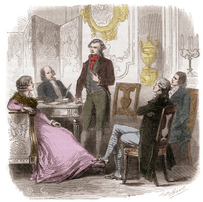 Girondinerne i hjemmet Madame Roland - Reunion des Girondins chez Madame Roland (Manon (Jeanne Marie) Roland Philipon) (1754-1793) - Indgravering i "Histoire des Girondins" af Alphonse de Lamartine (1790-1869) 1865-1866 kollektion af Anonymous Anonymous