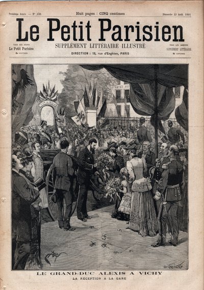 Storhertug Alexis Alexandrovich (Aleksei Aleksandrovich Romanov) (1850-1908) i Vichy - Receptionen på togstationen - Indgravering i "Le petit Parisien"" fra 1891 - Privat samling af Anonymous Anonymous