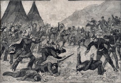 Det indiske oprør i USA: en kamp mellem sioux-indianere og amerikanske tropper. Stik i "" Le petit Parisien"" fra 1891. Privat samling. af Anonymous Anonymous