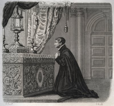 Den italienske jesuite Louis de Gonzague (San Luigi Gonzaga) (1568-1591) i bøn. Indgravering fra 1846 i ""De helliges liv"". Privat samling. af Anonymous Anonymous