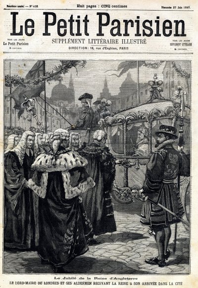 Jubilæet for dronningen af England Victoria: Londons overborgmester Horatio Davies (1819-1901) og hans rådmænd, der modtog dronningen, ankom til byen. I "" Le Petit Parisien"" den 27/06/1897. Privat samling af Anonymous Anonymous