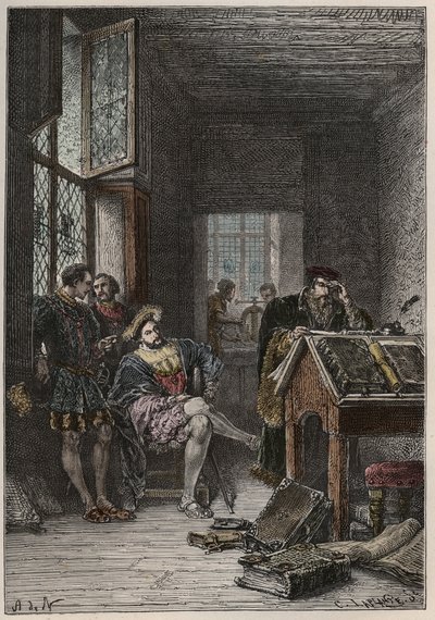Kongen af Frankrig Francois I (1494-1547), beskytter af kunst og bogstaver, besøger værkstederne hos trykkerierne Estienne (Robert Estienne), omkring 1540 (kongen af Frankrig Frans I besøger de kongelige typografers Estiennes værksteder af Anonymous Anonymous