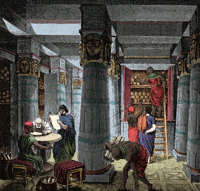 The Library of Alexandria - Udsigt over det indre af biblioteket i Alexandria i Egypten. af Anonymous Anonymous