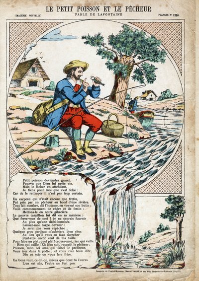 Den lille fisk og fiskeren. Anonym illustration til Les Fables af Jean de LA FONTAINE (Lafontaine) (1621-1695). Billeddannelse af Pont-a-Mousson, ca. 1880. Privat samling. af Anonymous Anonymous