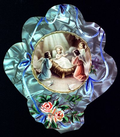 Nativiten. Barnet Jesus omgiver engle Fromme billede. Dentelee postkort. Privat samling af Anonymous Anonymous