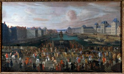 Pont Neuf set fra indgangen til Place Dauphine, Quai Malaquais med College of Four Nations (Institut de France) under opførelse Grande Galerie og Louvre ved passagen af et cortege Anonymous-maleri. 1665. Dim. 0,74 x 1,25 m. af Anonymous Anonymous