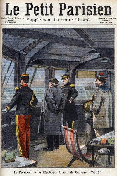 Republikkens præsident Armand Fallieres (1841-1931) ombord på Cuirasse "" Verite"". En af avisen "" Le petit parisien"" den 26/07/1908. Privat samling. af Anonymous Anonymous