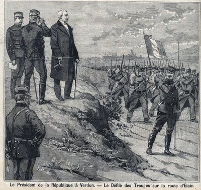 Republikkens præsident Felix Faure (1841-1899) besøger Verdun (Meuse): besmittelsen af militærskolen på Etins vej. Gravering i "" Le Petro Parisien"" af Anonymous Anonymous