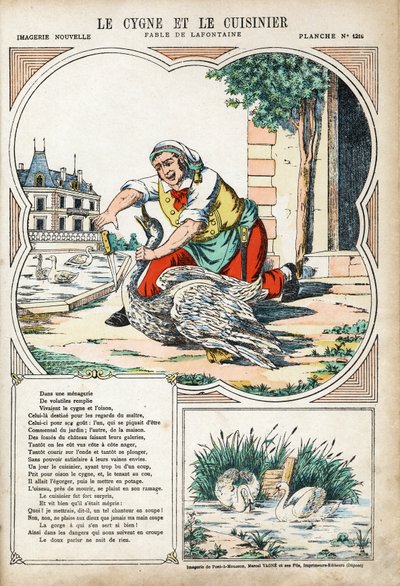 Svanen og Kokken. Anonym illustration til Les Fables af Jean de LA FONTAINE (Lafontaine) (1621-1695). Billeddannelse af Pont-a-Mousson, ca. 1880. Privat samling. af Anonymous Anonymous