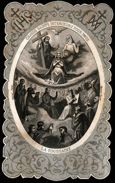 Jomfru Maria med den hellige treenighed (Gud, Jesus Kristus og Helligåndens due). Dentelee kort. 19. århundrede. Privat samling af Anonymous Anonymous