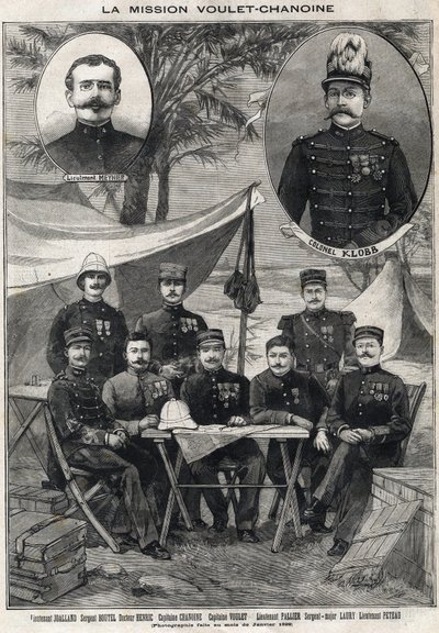 Voulet Chanoine-missionen (Voulet-Chanoine) Fransk ekspedition til den koloniale erobring af Tchad: portræt af løjtnant Octave Meynier (1874-1961) og oberst Arsene Klobb (1857-1899) med nederste venstre mod højre: løjtnant Joalland, sergent Boutel af Anonymous Anonymous