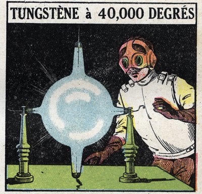 Atomet og videnskaben: forsøg på at opløse wolfram ved at fordampe en fin tråd af dette metal til 40.000 grader. Anonym illustration fra 1925. Privat samling. af Anonymous Anonymous