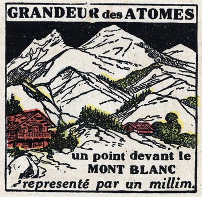 Atomet og videnskaben: atomernes størrelse. Et punkt foran Mont Blanc repræsenteret med en millimeter. Anonym illustration fra 1925. Privat samling. af Anonymous Anonymous