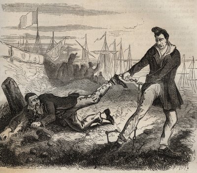 Forcatens største pine er at være miskammerat. Kamp mellem to fanger forbundet af samme kæde. Bagne de Rochefort i det 19. århundrede. Indgravering i "Historien om fængslerne fra deres skabelse til i dag"" (1877) af Pierre Zaccone (1817-1895) af Anonymous Anonymous