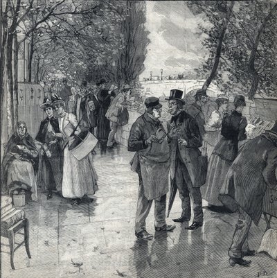 Bog-bog-vandringen på bredden af kajen i Paris. Indgravering i "" Le petit parisien"" den 30/10/1892. Privat samling af Anonymous Anonymous