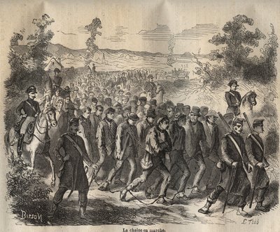 Kæden startede i Toulon Bagne i det 19. århundrede. Indgravering i "Fangernes historie fra deres skabelse til i dag"" (1877) af Pierre Zaccone (1817-1895) (Colonia Penale - Straffekoloni). Privat samling. af Anonymous Anonymous