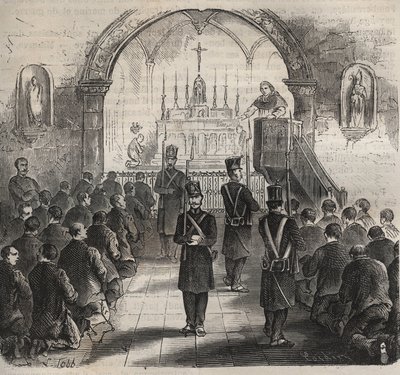 Kapellet i Toulon-fængslet i det 19. århundrede. Indgravering i "Fangernes historie fra deres skabelse til i dag"" (1877) af Pierre Zaccone (1817-1895) (Colonia Penale - Straffekoloni). Privat samling. af Anonymous Anonymous