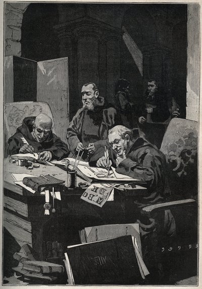 Krysografen: kopierede munke, der udfører belysninger med guldbogstaver i middelalderen. Indgravering fra 1885 i "" Les arts et metiers illustres"" af Adolphe BITARD. af Anonymous Anonymous