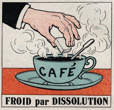 Den kolde industri: kold ved opløsning. At putte et sukker i en kop varm kaffe gør kaffen kølig. Anonym illustration fra 1925. Privat samling. af Anonymous Anonymous