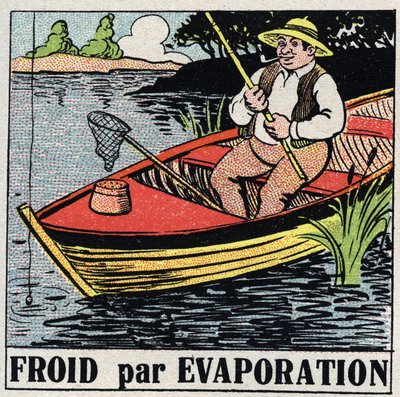 Den kolde industri: kold ved fordampning. En fisker i sin båd forbliver kølig takket være fordampningen af flodvandet. Anonym illustration fra 1925. Privat samling. af Anonymous Anonymous