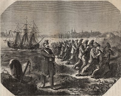 Cordellen (arbejde med stor træthed) ved bagne de Rochefort i det 19. århundrede. Indgravering i "Historien om fængslerne fra deres skabelse til i dag"" (1877) af Pierre Zaccone (1817-1895) (Colonia Penale - Straffekoloni) af Anonymous Anonymous