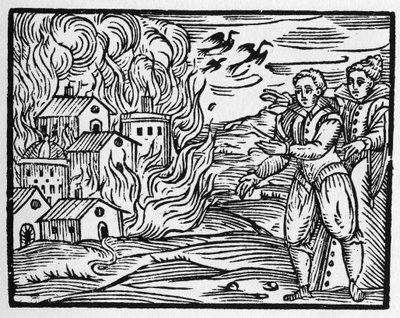 Troldmændenes forbandelse, der brænder byen - "" Compendium Maleficarum"", omhandler hekse, deres ondskab og deres sortileges af Francesco Maria Guazzo eller Guaccio eller Guaccius (15?? -16??) 1608 privatsamling af Anonymous Anonymous