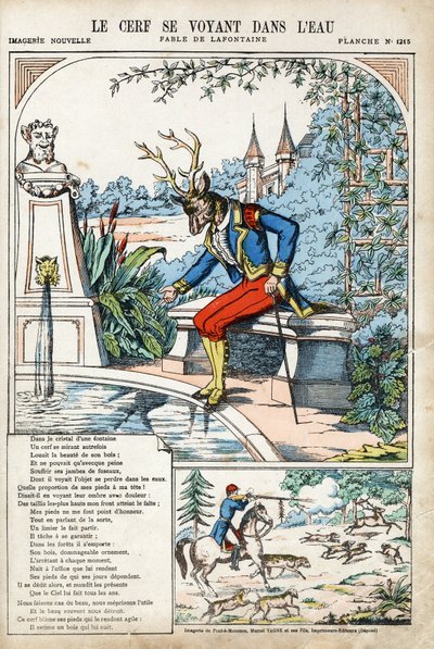 Hjortene ser sig selv i vandet. Anonym illustration til Les Fables af Jean de LA FONTAINE (Lafontaine) (1621-1695). Billeddannelse af Pont-a-Mousson, ca. 1880. Privat samling. af Anonymous Anonymous