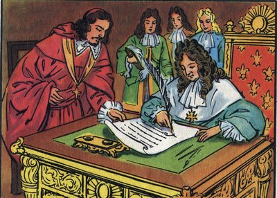 Redigeringen af Fontainebleau, underskrevet af Ludvig XIV den 18. oktober 1685, tilbagekaldte redigeringen af Nantes givet af Henri IV i 1598. Anonym illustration i "" Collection des souverains et chefs d