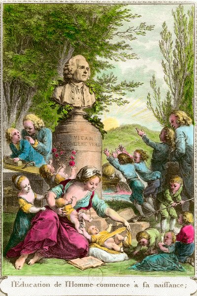 Uddannelsen af mennesket begynder ved dets fødsel: mødre med deres børn, sammen med en buste til hyldest til den schweiziske filosof Jean Jacques Rousseau (1712-1778). Indgravering af privatsamlingen fra det 18. århundrede af Anonymous Anonymous