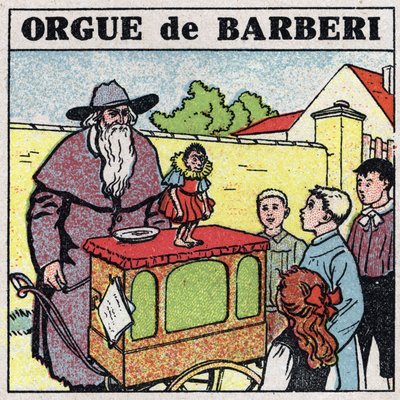 Musikkens virkning: en stikkende orgelspiller og en abe underholder børn på en gade. Anonym illustration fra 1925. Privat samling. af Anonymous Anonymous
