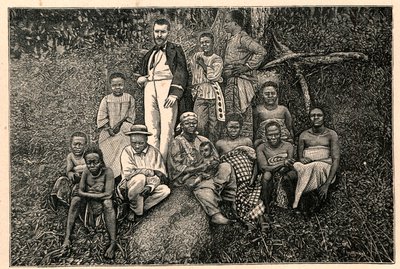 Den opdagelsesrejsende Pierre Savorgnan af Brazza (1852-1905) og en gruppe oprindelige folk fra det apostoliske vikariat for de to Guineas (To Guineas) i Gabon. Indgravering i "Les Missions Catholiques au XIXeme Siecle"" af Louis-Eugene (Louis Eugene) Louv af Anonymous Anonymous