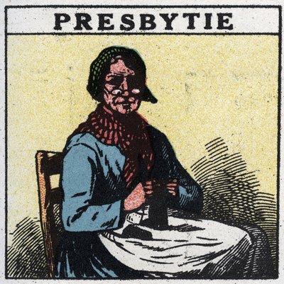 Øjet: person, der lider af presbyopi. Anonym illustration fra 1925. Privat samling. af Anonymous Anonymous