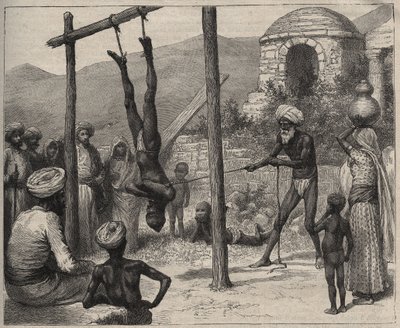 Fakiren i Indien - Fakirerne (Faquir) i Indien - blev hængt ved fødderne på en træstang - indgravering fra 1892 i "Journal des voyages". af Anonymous Anonymous
