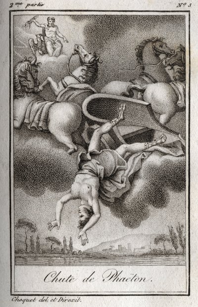 Faldet af Phaeton Phaeton (Phaethon), ude af stand til at kontrollere Helios-tanken, blev ramt af Zeus og faldt i Eridan-floden. Stik fra 1819 i "Lettres a Emilie sur la mythologie" af Charles Albert Demoustier (1760-1801). Privat samling. af Anonymous Anonymous