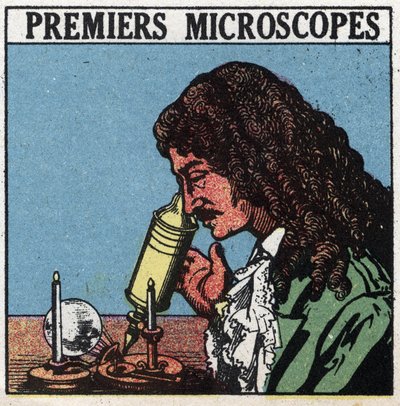 De første optiske instrumenter: mikroskop brugt på Christiaan Huygens (Huyghens) tid (1629-1695). Anonym illustration fra 1925. Privat samling. af Anonymous Anonymous