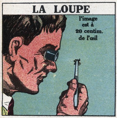 De første optiske instrumenter: forstørrelsesglasset. Anonym illustration fra 1925. Privat samling. af Anonymous Anonymous