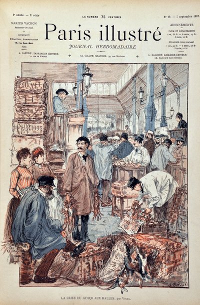 Game criee i Halles de Paris i 1887. Illustration af Hermann Vogel (1856-1918). Indgravering fra 1887 i "" Paris-Illustrous journal weekly"". af Anonymous Anonymous
