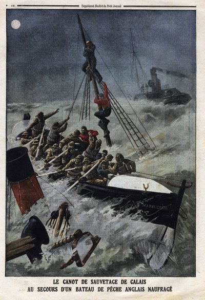 Redningsbåden i Calais for at redde en engelsk fiskerbåd, der synker. Indgravering i "" Le Petite Journal"", den 11/02/1912. Privat samling. af Anonymous Anonymous