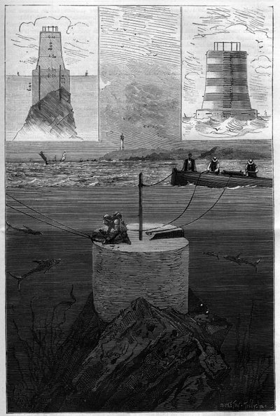 Lavezzis fyrtårn: Konstruktion af Lavezzi-øernes tårnfyrtårn på niveau med detroit, der adskiller Korsika fra Sardinien i Middelhavet bygget i 1874 af den nationale flåde efter Semillantes forlis i 1. af Anonymous Anonymous