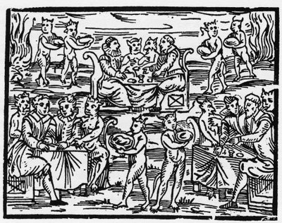 Heksenes måltid på sabbatten - "Compendium Maleficarum", omhandler heksene, deres ondskab og deres sortileges af Francesco Maria Guazzo eller Guaccio eller Guaccius (15?? -16??) 1608 Private Collection af Anonymous Anonymous