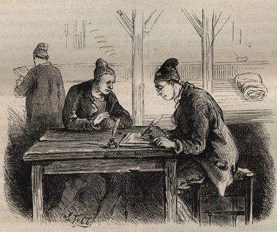 Den offentlige skribent på Toulon Bagne i det 19. århundrede. Indgravering i "Fangernes historie fra deres skabelse til i dag"" (1877) af Pierre Zaccone (1817-1895) (Colonia Penale - Straffekoloni). Privat samling. af Anonymous Anonymous