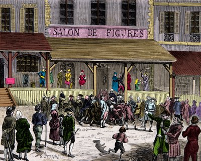 Salonen med voksfigner boulevard du temple i Paris i det 18. århundrede grundlagt af Curtius, gravering, privat samling af Anonymous Anonymous
