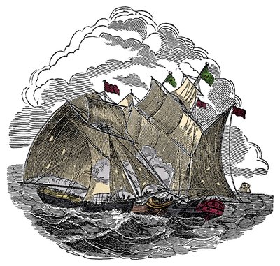 Piratens skib Henry Every (John Avery, Long Ben, Benjamin Bridgeman) (? -1695) angreb i september 1695 flåden af den store Mughal Aurangzeb Aurangzeb (Alamgir) ud for Surate, Indien Indgravering fra "The Pirates Own Book" af Charles Ellms af Anonymous Anonymous