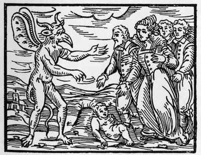 Troldmændene, der præsenterer et barn for djævelen - "" Compendium Maleficarum"", handler om hekse, deres ondskab og deres sortileges af Francesco Maria Guazzo eller Guaccio eller Guaccius (15?? -16??) 1608 privatsamling af Anonymous Anonymous